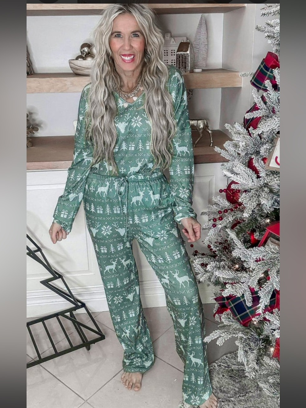 Women’s Salty Wave Green Holiday Reindeer Pajama Set